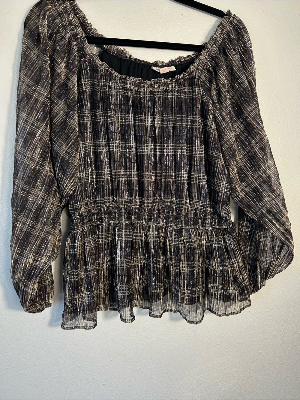 Knox Rose Metallic Plaid Peplum Blouse XL Boho Shimmer Off Shoulder Long Sleeve